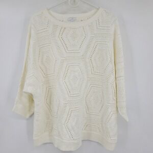 J. Jill Women 2X White White Honeycomb Crochet Knit Batwing Sweater Boho Coastal
